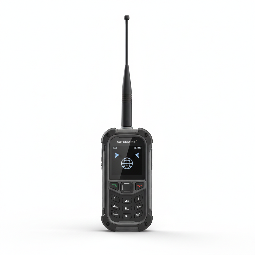 Rugged satellite phone on white background